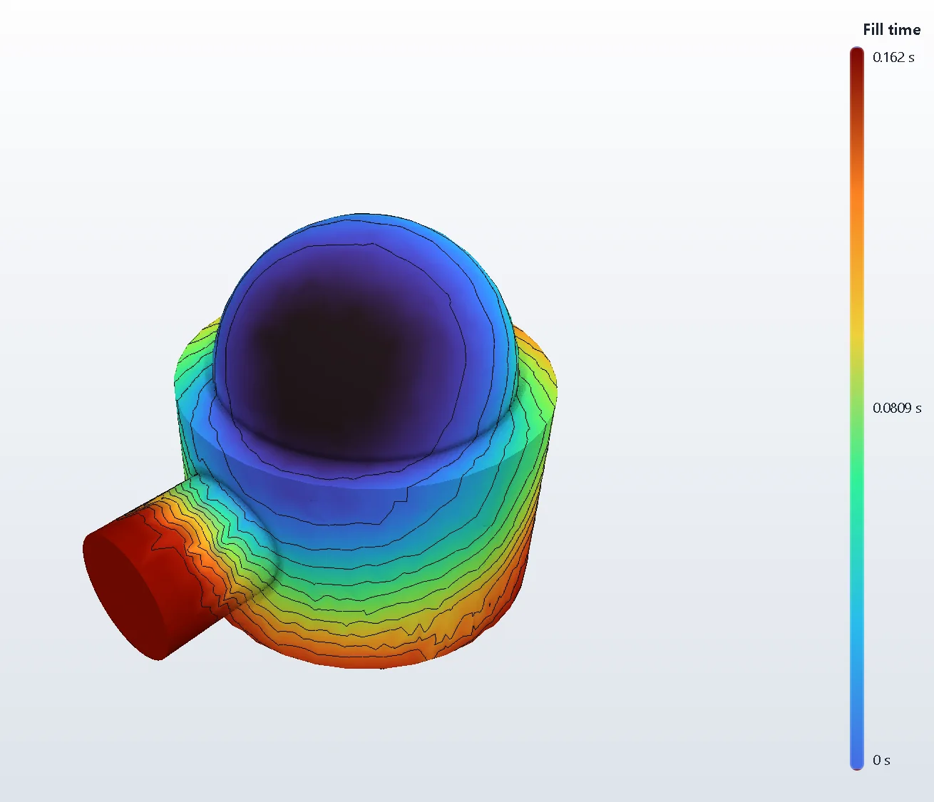 The finished flow check on the demo part, with the fill time legend.