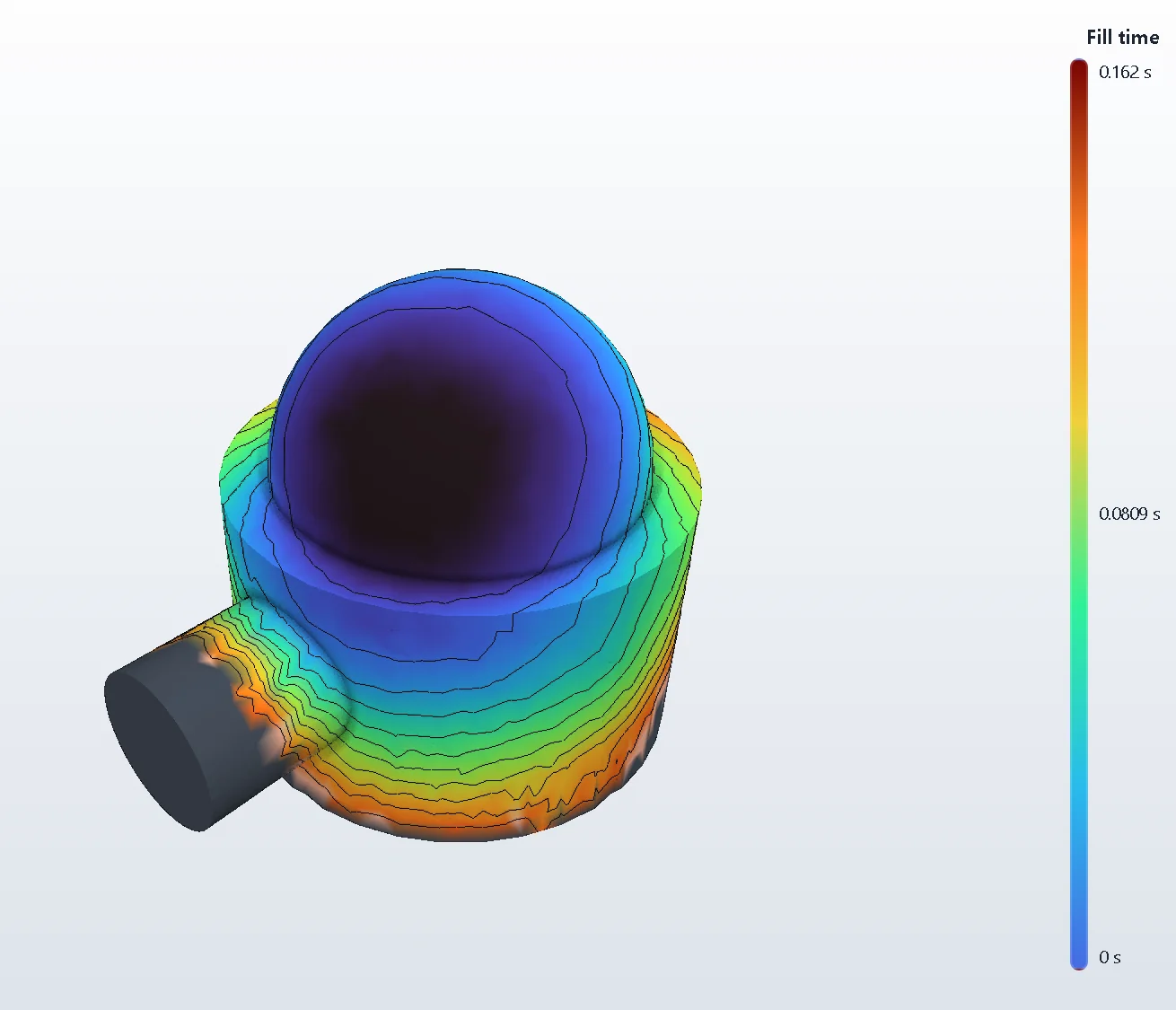 The flow front on the demo part, with the fill time legend.